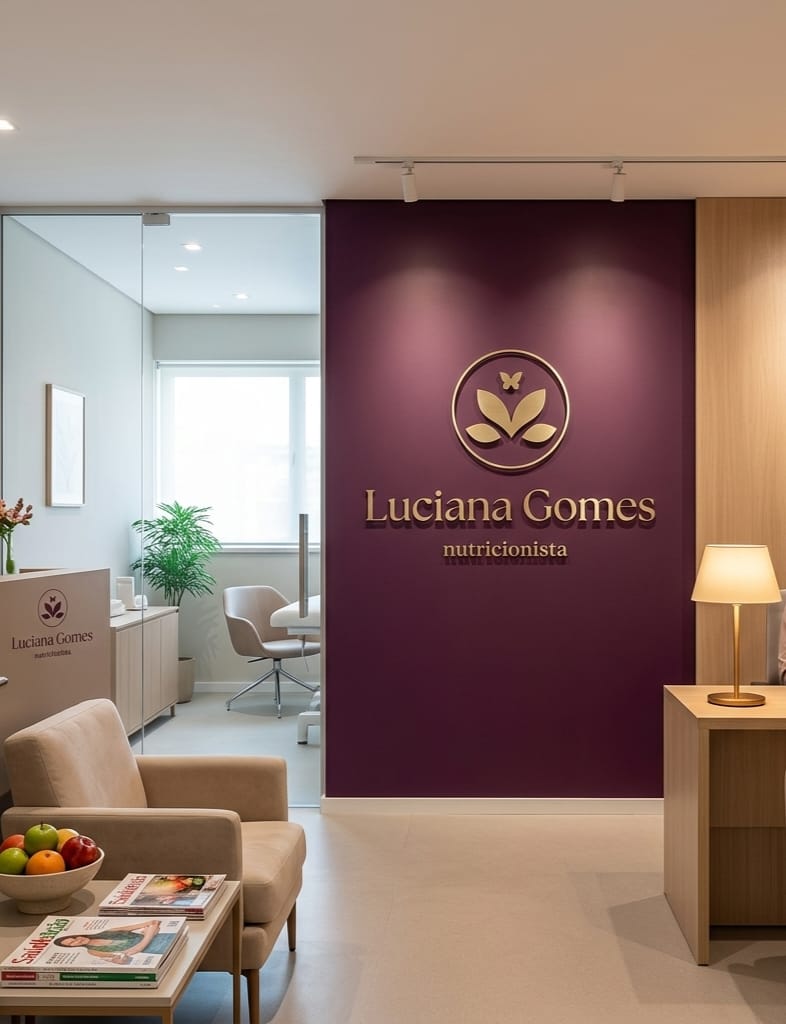 Recepção do consultório de Luciana Gomes, com parede vinho e o logotipo dourado na parede