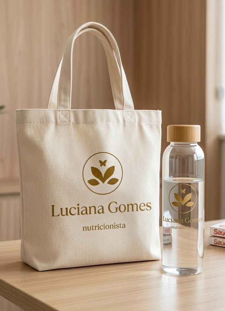 Ecobag e garrafa de vidro com o logotipo dourado de Luciana Gomes sobre uma mesa de madeira clara