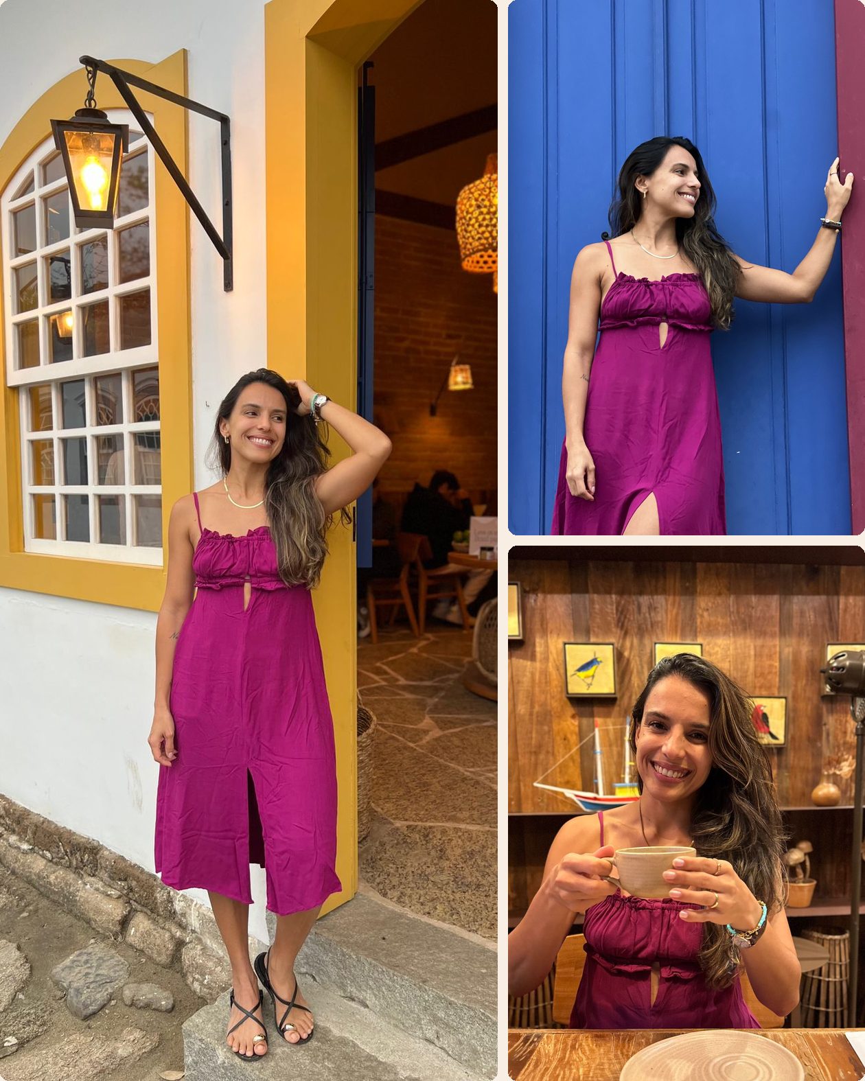 Montagem com três fotos de Luciana Gomes sorrindo: em frente a um casarão colonial, encostada em uma porta azul e tomando um café na mesa de um restaurante